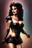 Placeholder: painting of lisa ann as evil queen in black leather, feminie, angry, stern look on her face, volouptous, busty, cleavage, emperious, mature, highly detailed, digital painting, artstation, concept art, smooth, sharp focus, illustration, art by gaston bussiere and alphonse mucha