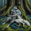 Placeholder: an anthropomorphic wolf-man hybrid in dark gray body hair and anthropomorphic wolf-female hybrid with pale gray body hair lie down hugging each other with paws on their backs on blue-green moss around brown huge trunks trees, raini day, high contrast, high detalied, high realistic, around in background giant tall alien trees, atmospheric, dark fantasy, sci-fi mood