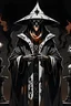 Placeholder: A priest stands amidst darkness, clad in a white and black robe around devils like Black and white world wear a tringle hat