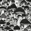 Placeholder: mushroom, black and white, cartoon, drawing, cute, creature, simple, mouth