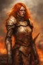 Placeholder: detailed illustration of ginger female divine paladin wearing full plate armor, heavily damaged armor, standing sad on a battlefield, battlefield on fire as background, dirt, misery and decadence, dark ambient, art by Mschiffer, tetradic colors,