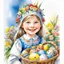 Placeholder: Easter Swedish smiling little girl native costume easter basket eggs flowers spring Thomas Wells Schaller, watercolor and ink, delicate