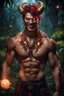 Placeholder: HYPER REALISTIC PHOTOGRAPHIC Middle Angle View Of A Handsome Muscular Young Man With Ritualistic Costume With Bone Necklace Unleashing Glowing Magic Balls, With A Fierce Devilish Smiling Expressions On His Face With Glowing Red Eyes With Short Messy Maroon Hair & Golden Horns In A Dark Dense Jungle At Dark Night With Fireflies Showing Dramatic & Cinematic Ambiance