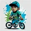 Placeholder: Vector t shirt art ready to print blue green light ograffiti illustration of A boy Indonesia freestyle bmx bike and a basecap with text "addie" On cap, white background.