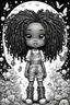 Placeholder: Create an coloring page of a psychedelic illustration of a chibi cartoon black young girl wearing overalls and boots. . Highly detailed sister locs. Background of a large bubbles and butterflies all around her, black and white