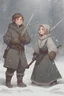 Placeholder: DnD style, two medieval peasant kids playing in the snow, female age 14 and male age 15, happy and playful, he has a short sword.