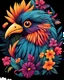 Placeholder: Decorative composition with birds Pattern of bright and colourful tropical birds and flowers in pop art style on dark background Template for Tshirt sticker etc