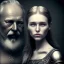 Placeholder: Viking theme, a younger woman sitting next to a 50-year-old man, portrait, 8K, close-up face, anatomically perfect face, Highly detailed stunning full frame portrait, misty and cloudy atmosphere