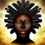 Placeholder: african head portrait, warrior costume, village, meditation, woods, galaxy sky, 8k quality