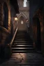 Placeholder: A hatefull wright descending the stairs up to a tempel in a medieval city. Horror setting. fantasy art, , Cinematic lighting, Volumetric lighting, Epic composition, Photorealism, Very high detail, Character design, Unreal Engine, Octane render, HDR, Subsurface scattering