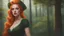 Placeholder: realistic portrait of a pretty pinup witch, orange hair, long hair, hairclip, green dress with lace, forest background, 8k, high quality, trending art, trending on artstation, sharp focus, studio photo, intricate details, highly detailed, by greg rutkowski