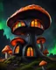 Placeholder: An asymmetrical mushroom house in the night sky. in space. Bright Bold Bright Colors, green orange black, Stark Dark background. Detailed Matte Painting, deep color, fantastical, intricate detail, splash screen, hyperdetailed, insane depth, Fantasy concept art, 8k resolution, trending on artstation, Unreal Engine 5, color depth, Deep Colors, backlit, splash art, dramatic, splash art Style. High Quality, Painterly, Whimsical, Fun, Imaginative, Bubbly, good detail, perfect composition,