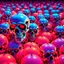 Placeholder: a field of 1000s of cartoonish, anatomically correct, skulls, vivid RANDOM BRIGHT neon colors, dark comedy, well lit, high detail, photorealistic, horrorcore, fun, scary, dead