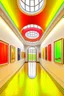 Placeholder: 3 D-shot A hall for displaying art paintings. The walls are oval-shaped, and there is an oval wall in the middle of the hall, to divide the hall into two parts, and the paintings are hung on the walls, and the walls are made of glass.