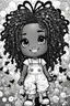 Placeholder: Create a coloring page of a abstract illustration of a chibi cartoon black young girl smiling wearing overalls and boots. . Highly detailed sister locs. Background of a large bubbles and butterflies all around her, black and white