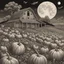 Placeholder: Sinister Jack-o-Lantern cryptids in a herd descending like a tidal wave upon a rickety barn, nighttime harvest moon, expansive silverpoint illustration surreal horror masterpiece; dramatic; stygian cornfield farm, deep red-black-orange colors.