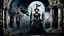 Placeholder: goth theme with victorian style woman, two raven, tower, ruin, moon, darkness, detalied materials, old wall, mystic, dark fantasy