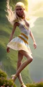 Placeholder: A long shot, Cute elven female adventurer with blonde hairs ears out, dressed in a light sundress and with bare feet on the floor, posing frontally, in style of Cedric Peyravernay Art, microdetails, ultradetailed --ar 2:3 --beta --upbeta