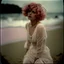 Placeholder: Clara bow on the beach, in the wind, white lace dress, pink hair,autochrome