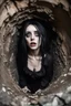 Placeholder: Closeup tall Girl goth with big eyes, ragged clothes, fullbody, crushed for walls, inside claustrophobic, the perspective looking up from the bottom of an empty well , 8k,macro photography,