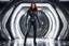 Placeholder: photorealistic slim woman looking like black widow with white boots in a heroic pose at the entrance to a spaceship