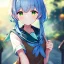 Placeholder: Clear focus, High resolution, short light blue hair, long locks, green eyes, wearing a sailor uniform, wearing a sailor skirt, wearing a brown vest, cute, 1girl