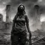 Placeholder: women, faces covered in black masks, ragged clothes, holding flag, war-torn, destroyed city in the background, 8k resolution, hyperrealistic, detailed matte painting, b&w, dynamic lighting, war, anarchy, terrorists, sepia