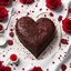 Placeholder: heart shaped chocolate cake, red and brown sprinkles, red roses laying beside cake, wine, liquid chocolate, botanical, on romantically set table with white tablecloth, colored and creative illustration. Visual for 3D hyperrealistic gourmet design, backlighting, white chocolate veiny drizzles, stunning, realistic, concept art