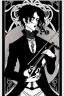 Placeholder: goth male necromancer with black hair playing a violin in the style of Aubrey Beardsley