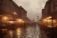 Placeholder: Small medieval fantasy town, rainy, street lights, market, tavern