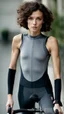 Placeholder: photography of a beautiful anorexic woman, grey satin triathlon top, brunette wavy bob haircut, pronounced sternum, flat chest, grey satin cycling leggins