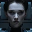 Placeholder: beautiful model female captain, high tech, sci fi, brown eyes, pale skin, blue high tech outfit, dark bun hair, scowling, portrait,