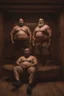 Placeholder: full body shot photography, two muscular chubby ugly burly marocan men , sweat, bulge, masculine hairy 45 year old man, bald, manly chest, curly beard ,big shoulders, big arms, big legs, bulge,, ambient occlusion , lying down sleeping in a steamy Sauna, super high resolution, 8k, dim light, side light, ultra hyper realistic, frontal view