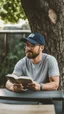 Placeholder: A man wearing a white Dad Hat, wearing glasses, and reading with a tree behind him, high resolution