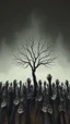 Placeholder: a field of thousands men with hands are up rising up from the ground not visible, horror, hands in different shapes coming out from the ground towards the sky Busch painting style nightmare and thin line draw, a dry tree with out branches in the middle