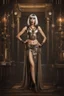 Placeholder: Creation: full body and headshot of a skinny Cleopatra, with a silver bob hairstyle, standing in a steampunk setting.