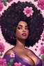 Placeholder: create a whimsical logo style image with exaggerated features, 2k. cartoon image of a plus size black female looking off to the side with a large thick tightly curly asymmetrical afro. Very beautiful. With pink and purple large flowers