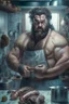 Placeholder: full figure shot photography of a 29 years old serious burly strong stocky turkish shirtless butcher with grey apron, bullneck, hairy, beard, curly hair, holds big sausage in hand, in a modern kitchen with marble table, angry eyes, High detail, very detailed, ultra HD, 8k, cinematic, ambient occlusion , view angle from low