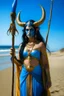 Placeholder: A picture of a blue faced Indian goddess with skin painted blue, blue body, wild black hair, stag horn antlers, elven ears, golden skirt, holding a staff on a sunny beach