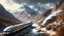 Placeholder: a large collection of"Sleek streamlined stainless steel 1950s American passenger train with Vista Dome cars climing a river canyon in high mountains; dramatic terrain; snowy peaks; 8k resolution concept art detailed matte painting Splash art Unreal Engine art Brut poster art airbrush art sunshine rays thunderstorm concept art impressionism"" various types of helmets