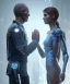 Placeholder: detroit become human, two people looking at each other¨, giving hand , sci-fi fantasy style, volumetric lighting, particales,highly detailed,cinamatic, deep colours,8k.