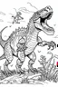 Placeholder: A coloring page, white background llustrate a victorious T-Rex standing triumphantly over a defeated rival, roaring triumphantly to assert its dominance and claim ownership of the territory ink drawing clipart, simple line illustrations, colored