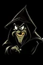 Placeholder: 1980s goofy character of a pirate wearing a black hooded cloak, inside a lighter diamond shape on a black background, monochromatic