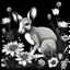 Placeholder: colorless wallaroo between seeds and big flowers black background .black and white colors. for a coloring. with grayscale