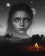 Placeholder: digital painting fantasy girl reflection two eyes in the sky stars moon in two eyes huge long eyelashes desert camel caravan man sitting by the fire double exposure collage monochrome