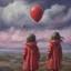 Placeholder: Surreal painting of 2 little girls, red raincoats, big eyes, the sky in the background, à purple balloon