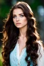 Placeholder: pretty18 year old girl with long wavy chocolate brown side swept hair. Blue eyes. wearing a vest. dark romance fantasy