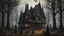 Placeholder: A gothic woodland house with a coven of witches dancing in front of it.