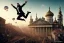 Placeholder: Assassin man running on roof, hooded outfit, mid jump, 1800, industrial revolution