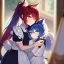 Placeholder: Clear Focus, High resolution, wearing a maid uniform, fluffy hair and a long ponytail, blue hair, cat ears, meowing, hugging another girl with red long fluffy hair also wearing a maid outfit, looking at you